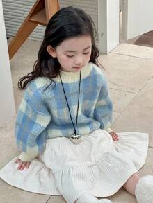 DAZY Young Girls Plaid Round Neck Casual Long Sleeve Sweater, Spring/Autumn - Blue - View 1