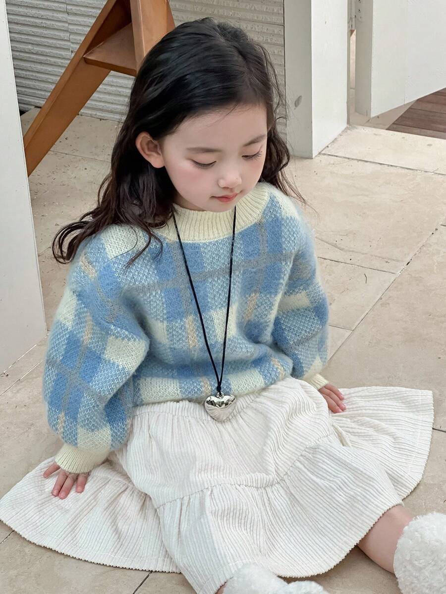 DAZY Young Girls Plaid Round Neck Casual Long Sleeve Sweater, Spring/Autumn - Blue - View 1