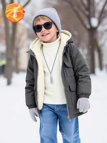1 szt. chłopięca kurtka polarowa z kapturem w kolorze szarym i beżowym, z ozdobną kieszenią z przodu, prosta i modna, odpowiednia dla chłopców w wieku 4-7 lat, do codziennego noszenia