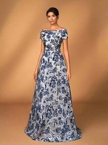 Serin 优雅奢华提花欧根纱露肩花卉长裙，适合婚礼、派对、度假、舞会、新娘和母亲的晚礼服 - 藏蓝色 - 查看 6