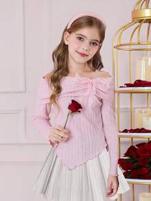 SHEIN Girlism 少女罗纹露肩褶饰蝴蝶结装饰不对称下摆长袖修身甜美 T 恤，粉色，适合派对、返校、优雅法式、公主、婚礼、生日