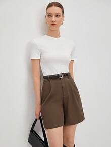 BizChic Women's Loose Casual Shorts With Slant Pockets, Solid Color (No Belt), Chic And Elegant For Urban Commute, Daily Wear, Romantic 90s Retro, Suitable For Christmas, New Year, Valentine's Day, Party, Beach, Graduation, Fashion, Carnival, Holiday, Wedding Guest, Brunch, Airport, Multi-Occasion - Brown - View 6