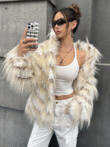 SHEIN ICON Ribbed Faux Fur Casual Loose Jacket White Fur Jacket In Fall/Winter - White - View 1