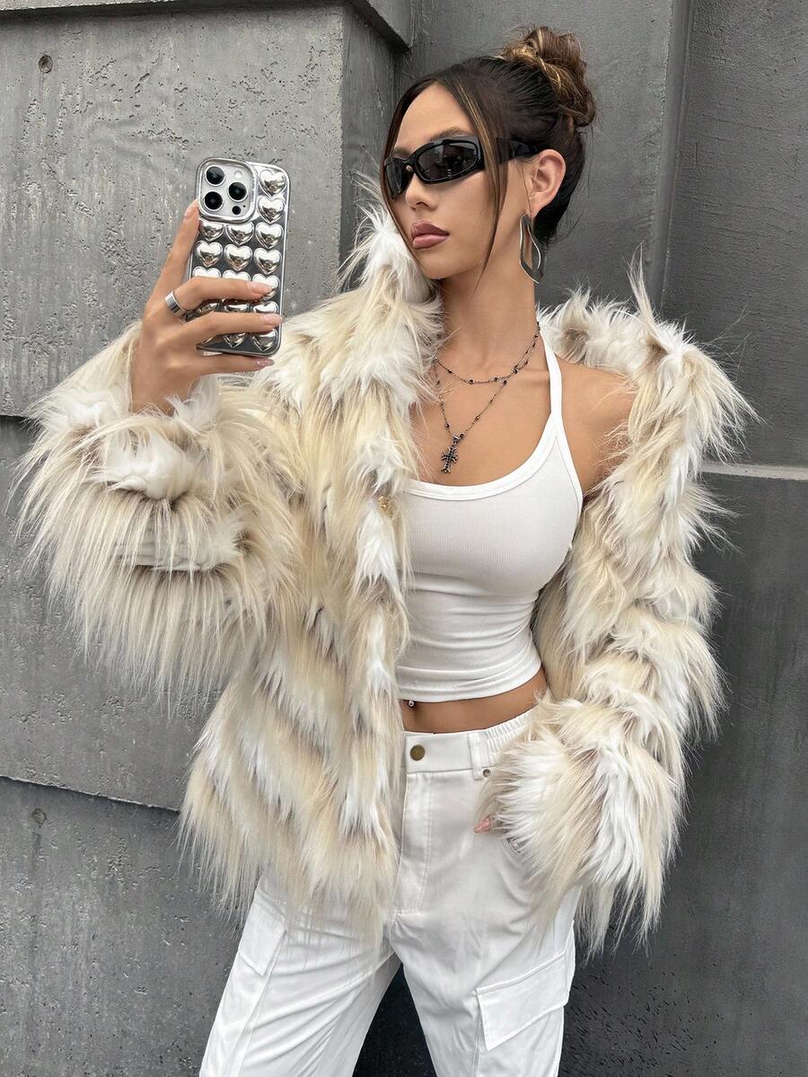 SHEIN ICON Ribbed Faux Fur Casual Loose Jacket White Fur Jacket In Fall/Winter - White - View 1