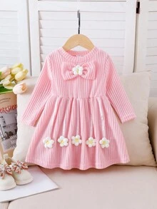 Souflis Souflis 女宝宝针织罗纹圆领长袖大蝴蝶结3D碎花连衣裙，甜美可爱儿童春秋装 - 粉色 - 查看 3