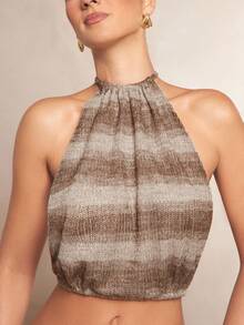 L'Amorae Bluză de vacanță sexy pentru femei, cu imprimeu cu dungi, fără spate, cu mânecă lungă