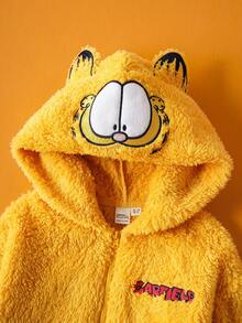 GARFIELD | SHEIN Young Boy Cute 3D Ear Cartoon Embroidery Hooded Long Sleeve Plush Yellow Pajamas Jumpsuit
