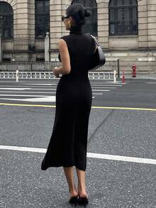 DAZY 女式纯色修身腰高领短袖优雅长款毛衣裙，秋冬 - 黑色 - 查看 2