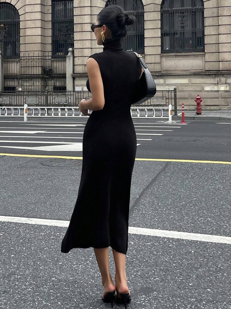 Women's Solid Color Fitted Waist High Neck Short Sleeve Elegant Maxi Sweater Dress, Autumn/Winter