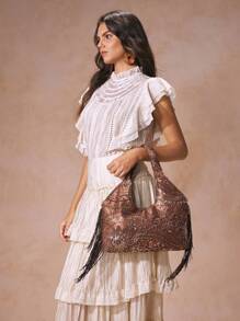 SHECARRY Fashionable Floral Sequin Decorated Tote Bag, Elegant For Daily Use - Coffee - View 5