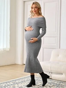 SHEIN 孕妇纯色露肩长袖修身优雅针织连衣裙，秋季 - 灰色 - 查看 2