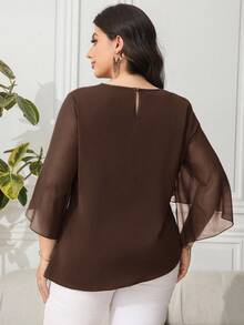 Reflora Plus Size Women's Solid Color Round Neck Mesh Flare Sleeve Ruched Waist Elegant Blouse/Fall/Winter - Coffee Brown - View 2