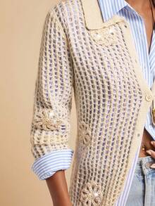 Travachic Cardigan femme à manches longues avec décoration florale 3D, style croisé avec effet ajouré. Cardigan , style western, en crochet et tricot ajouré, pour l'automne et l'hiver. Cardigans d'été. Cardigan western, style casual pour femme, automne, chic, pour sortir, élégant, style campagne pour femme - Beige - Voir 6