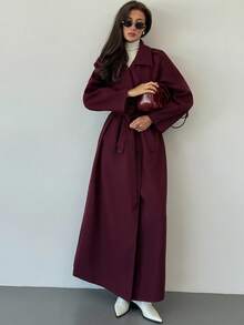 Aloruh 双排扣系腰长款大衣，纯色，适合秋冬季节穿着。 - 中紫紅色 - 查看 8