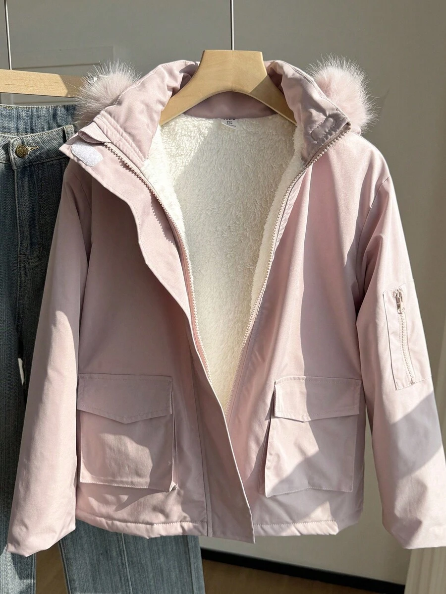 SHEIN 青少年女孩休闲百搭仿皮草连帽羊毛夹克 - 彩色 - 查看 1