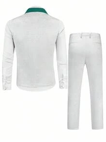 Manfinity Bizformal 男士双扣拼色长袖西装外套和口袋西装裤套装 - 白色 - 查看 2