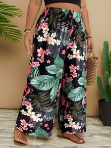 SHEIN VCAY Plus Size Women Tropical Plant Print Elastic Waist Wide Leg Pants