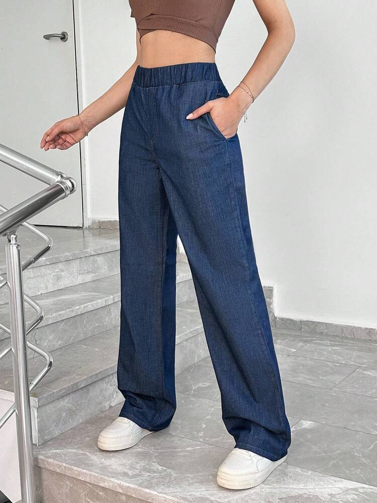 EURMUSE ELASTIC BELT DETAIL  FABRIC RELAXED JEAN WIDE LEG - Dark Wash - View 3