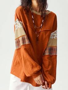 Bohemela Áo thun tay dài họa tiết chắp vá màu cam cỡ lớn, áo thu cho nữ - Màu vàng - Xem 5