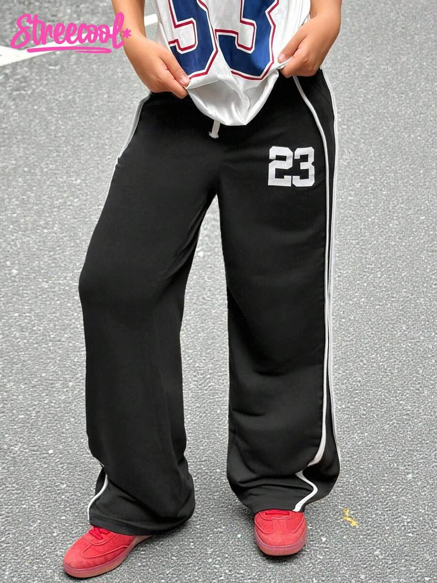 SHEIN Explorewe 1 Peça Calça de Moletom para Meninas Adolescentes, Estilo Casual de Campus e Rua, Calça Reta Solta com Faixa Contrastante Preta, Espessura Regular, Adequada para Esportes e Lazer, Primavera, Outono e Início do Inverno, Flexível e Versátil, Calça de Esporte com Cordão Bordado na Cintura - Preto - Visão 1