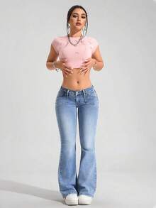 SHEIN PETITE Women's Pocket Flared Casual Versatile Denim Jeans