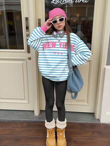 SHEIN 少女多巴胺条纹休闲简约“NEW YORK”字母宽松圆领舒适长袖卫衣，适合秋冬季节穿着，舒适百搭，适合秋季叠穿，时尚休闲，图案卫衣，返校季/返校节必备 - 彩色 - 查看 4