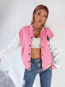 Flirla Chaqueta de estilo universitario de color contrastante para mujer, de manga larga - Rosa - Ver 4