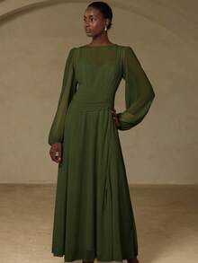 Aveloria Rosie Neues elegantes französisches Stil würdevolle Qualität Vintage Luxus hochwertige einfarbige Chiffon Rundhals Plissee asymmetrisches Raffung Taille Design ausgestelltes Damen Maxikleid mit Langarm - Dunkelgrün - Übersicht 5