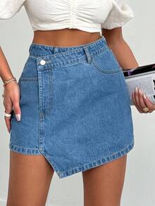 SHEIN PETITE Rigid, Back Label Detailed Skort - Medium Wash - View 4