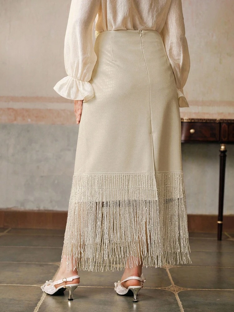 Plus Size Women Elegant Christmas Party PU Leather Beaded Tassel Slim Fit Straight Skirt