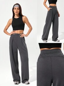 GLOWMODE 莫代尔罗纹阔腿内置可调节抽绳腰运动裤带侧袋日常休闲装 - 深灰色 - 查看 6