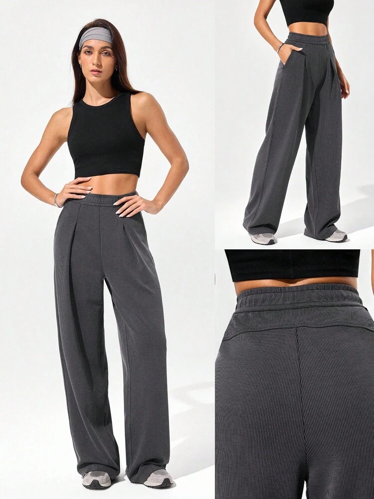 Pantaloni attivi con vita regolabile con laccetto, a gamba ampia, a coste in modal, con tasche laterali, per uso casual quotidiano