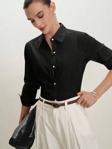 BizChic 黑色翻领露肩前开襟衬衫，现代优雅都市通勤日常浪漫90年代复古风，适合圣诞节、新年、情人节、派对、海滩、毕业典礼、时尚、嘉年华、假日、婚礼宾客、早午餐、机场等多种场合。 - 黑色 - 查看 3