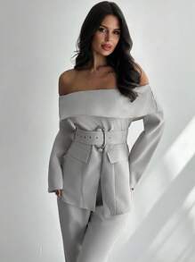 Women's Elegant Chic Romantic Casual Linen-Texture Off-Shoulder Long Sleeve Cinched Waist Metal Button Decor Blazer Jacket, Suitable For Autumn - Khaki - View 1