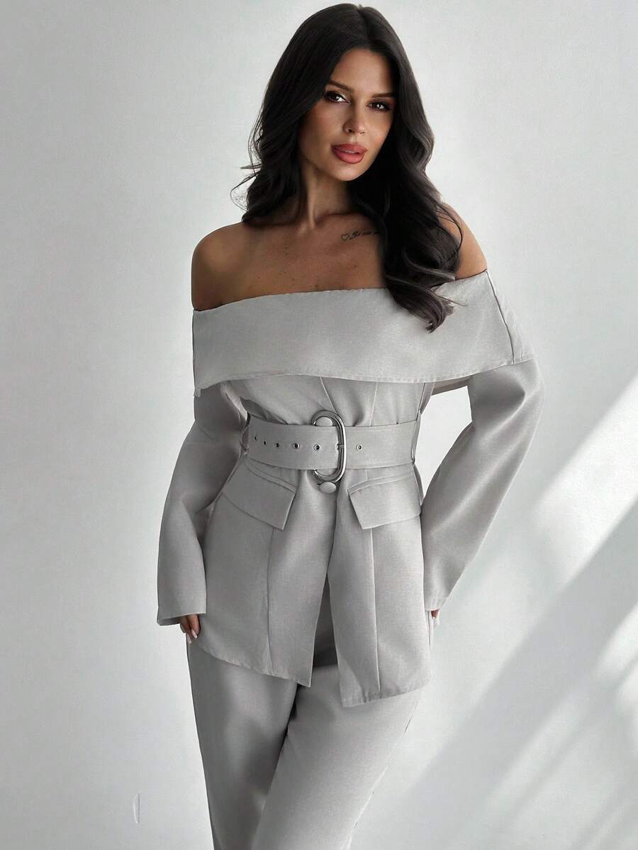 Women's Elegant Chic Romantic Casual Linen-Texture Off-Shoulder Long Sleeve Cinched Waist Metal Button Decor Blazer Jacket, Suitable For Autumn - Khaki - View 1