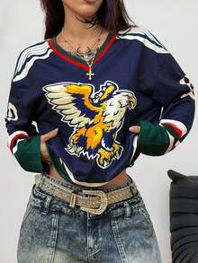 Coolane 女士秋冬街头服饰复古运动休闲 Y2K 日常穿着鹰图案 V 领长袖超大针织 T 恤 - 彩色 - 查看 5