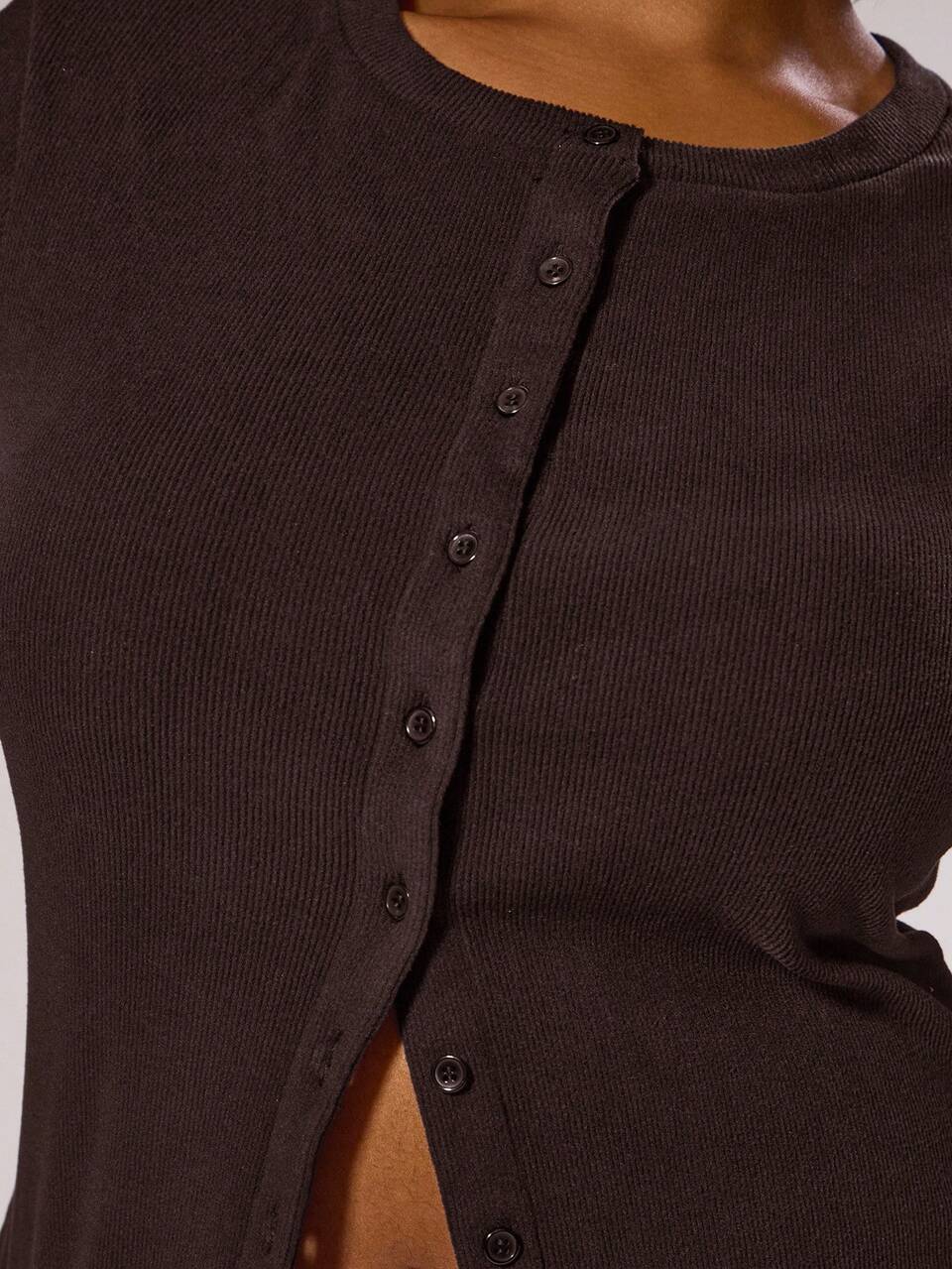 Curve Brown Button Down Fitted Short Sleeved Top
