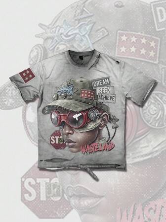 Grunge Punk Camiseta de manga corta con cuello redondo, estampado rasgado y lavado desgastado