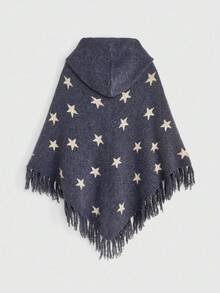 ROMWE Hippie 嬉皮波西米亚神秘女巫风格星星提花蝙蝠翼流苏下摆女式连帽开衫 - 藍色 - 查看 2