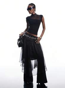 LYSMO 女士纯色罗纹立领短袖修身时尚上衣，适合外出、返校、毕业典礼、街头风、朋克风、Y2K风和斯德哥尔摩风派对穿着，2025新款极简主义秋季款 - 黑色 - 查看 8