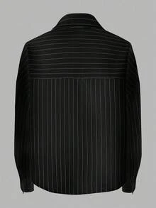 EMERY ROSE 休闲百搭时尚长袖单排扣翻领条纹女式衬衫，随机花卉图案 - 黑與白 - 查看 2