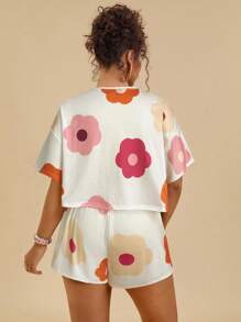 SHEIN VCAY Bộ đồ bơi 2 món cổ tròn rộng rãi họa tiết hoa nhiệt đới nhiều màu sắc dành cho nữ đi biển cỡ lớn - Màu be - Xem 2