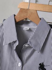 1pc Girls' Turndown Collar Long Sleeve Button-Up Striped Shirt With Embroidered Front Graphic, Casual Blouse For Autumn Fall Winter