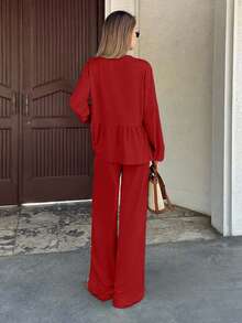 EURMUSE WOMEN TWO PIECES OUTFIT WITH TIE KNOT DETAILED - Red - View 2