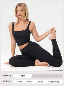 GLOWMODE Sujetador deportivo FeatherFit™ de cuello cuadrado con costillas flexibles y suaves, de bajo impacto, apto para yoga, pilates, estudio y uso diario casual, con copas desmontables - Negro - Ver 5