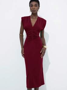 Aveloria Modichic Váy ôm dáng cổ chữ V không tay xếp ly eo thanh lịch mới, phong cách Châu Âu sang trọng và tinh tế, thích hợp cho các buổi hẹn hò - Màu Đỏ Sâu - Xem 5