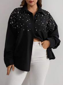 RueChic Cottnline Pearls Beaded Drop Shoulder Shirt - Black - View 7