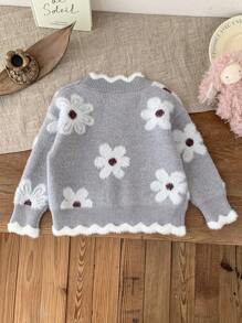 SHEIN Young Girls' Fashion Design Cute And Elegant Lady Gray Long-Sleeve Floral Patterned Casual Knitted Sweater, Suitable For Autumn And Winter Wear, Appropriate For Both Indoor And Outdoor Settings, Warm And Fashionable, Simple Style, Suitable For Indoor, Outdoor, Daily Wear, Sports, Playing, Parties, Photography, Vacations, And Holiday Occasions.