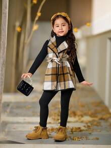 Emery Rose Kids Emery Rose Kids 3pcs/Set Young Girls Urban Fashion Plaid Jacket, Long Sleeve T-Shirt, Pants Set, Suitable For Casual Outings, Parties, Vacations And Other Occasions, Autumn/Winter Toddler Girl Birthday Girl Mommy And Me Matching Halloween Back To School Pink Autumn Fall Sister, Halloween Girls Checkered Outfit Girl Fall Winter Clothes Girls Fall Outfit Sets Girls Plaid Set Two Piece Kids Set Plaid Kids Winter Dresses - Khaki - View 18