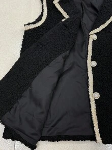 Franclia Chaqueta elegante sin mangas de solapa con ribete de cinta para mujer - Negro - Ver 7